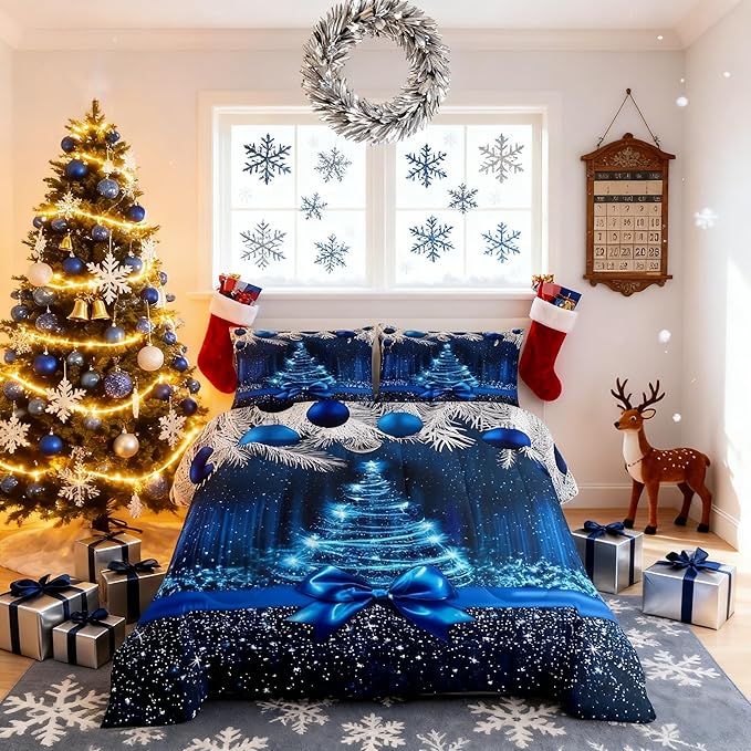 Merry Christmas Kids Comforter Set Twin Size,Snowflake Christmas Tree Bowknot Bedding Set,Girls Boys Adults Xmas Decor,Blue Gradient Line Glitter Down Comforter,Romantic Duvet Insert,1 Pillowcase