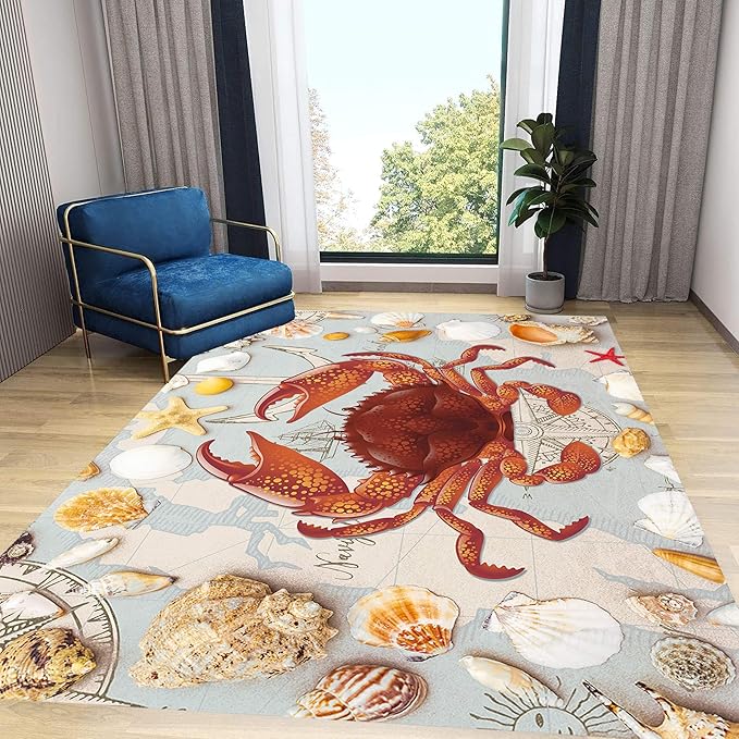 Nautical Theme Area Carpets, 6x9ft, Ocean Crab Shell Floor Rugs, Vintage Compass Anchor Printed Carpets, Machine Washable Foldable Easy-Clean Mats for Dining Room Runners