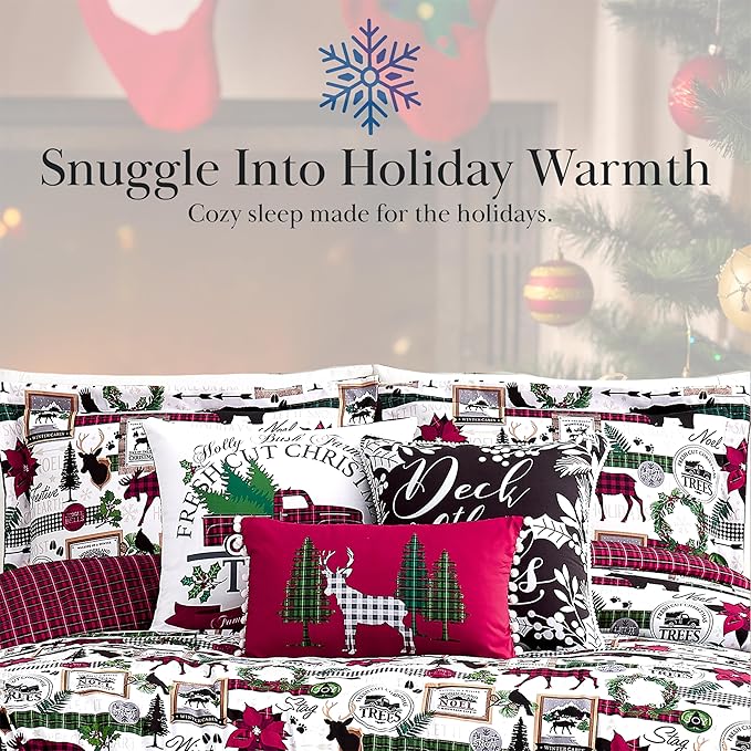 Southshore Fine Living, Inc. Merry Town Christmas Comforter Set, Queen/Full Size 6-Piece Christmas Bedding Set w/Shams & Throw Pillow; Reversible 2-Sided Red Plaid Comforter & Rustic Cabin Print