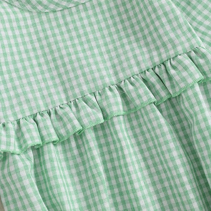 Karuedoo Newborn Baby Girl Clothes Gingham Plaid Bubble Romper Long Sleeve Ruffle Bodysuit with Headband Spring Fall Outfit
