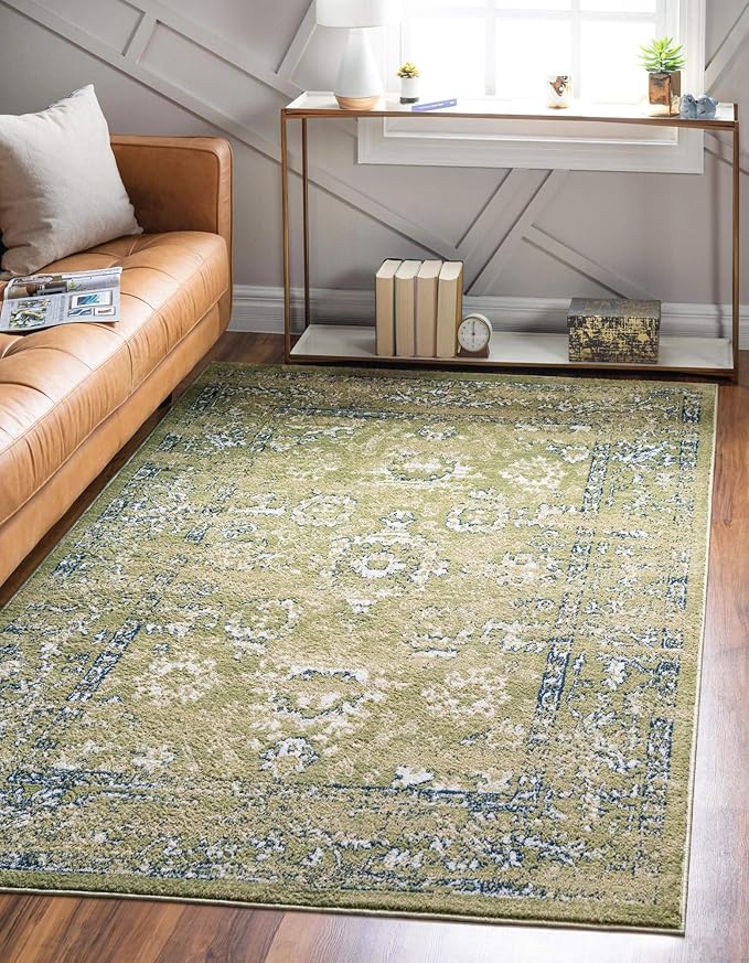 Rugs.com Charleston Collection Rug – 4' x 6' Green Low-Pile Rug Perfect for Living Rooms, Large Dining Rooms, Open Floorplans
