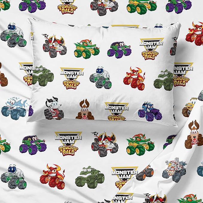 Jay Franco Monster Jam Truckin' Pals 4 Piece Toddler Bed Set - Includes Comforter & Sheet Set - Bedding Features Grave Digger & Megalodon - Super Soft Fade Resistant Microfiber