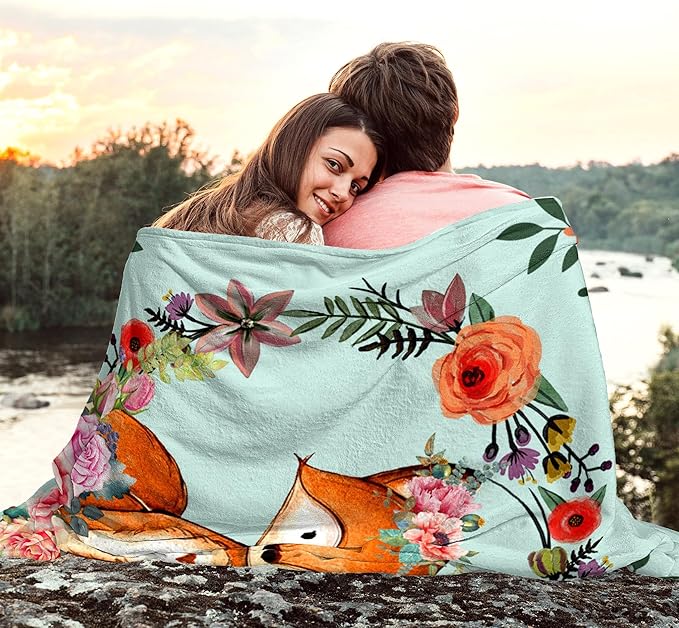 Fox Blanket Flower Fox Print Throw Blanket Ultra Soft Flannel Blankets Gifts for Kids Adults 60"x50"