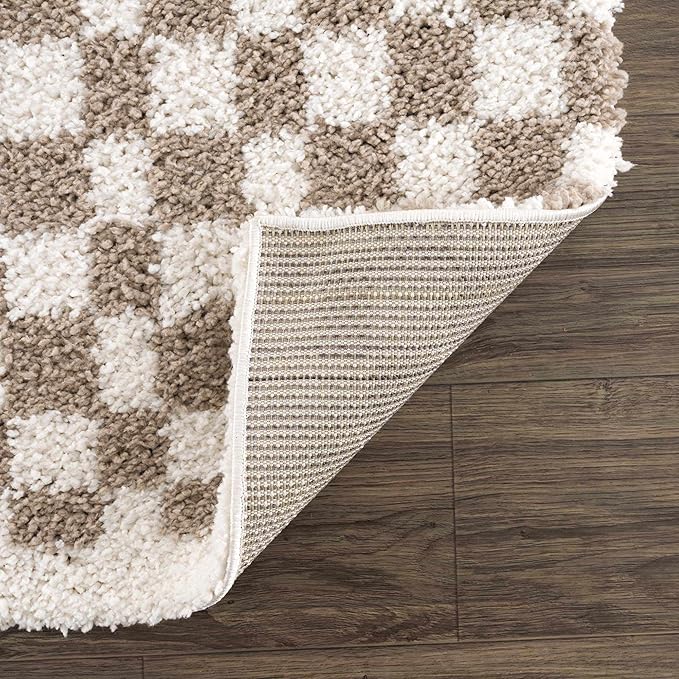 Hauteloom Kieu Contemporary Checkered Fluffy Shag Area Rug - Modern Geometric Soft Carpet Tiles for Living Room, Kids Room, Nursery - Gray, Taupe, White - 18" Sample