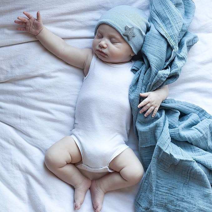 Ely's & Co. Cotton Muslin Swaddle Blanket 2-Pack for Baby Boy — 100% Cotton Muslin Extra-Large Swaddle Blankets (47” x 47”) Blue Raindrops | Solid Blue