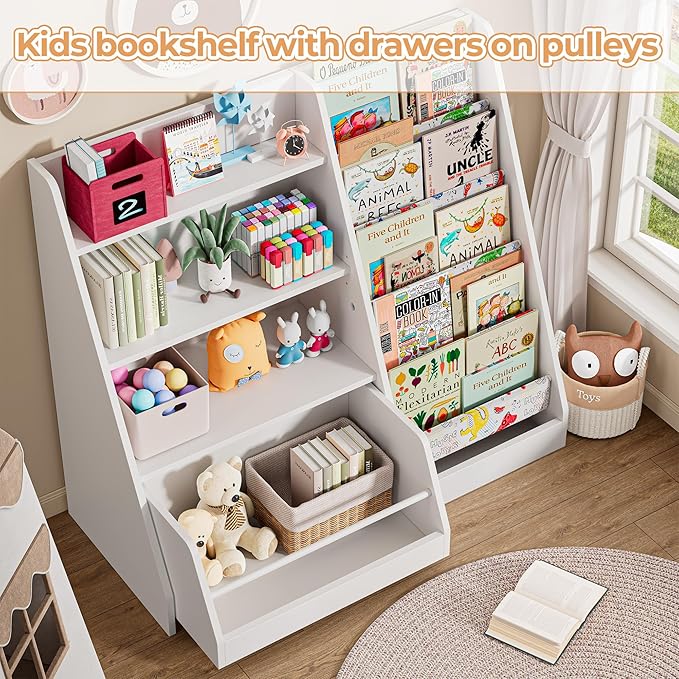 IRONCK Kids Bookshelf and Toy Storage, 42" Wide Large Toddler Bookshelf with Movable Drawer and 5 Sling Pockets, Montessori Book Shelf for Kids Rooms-White
