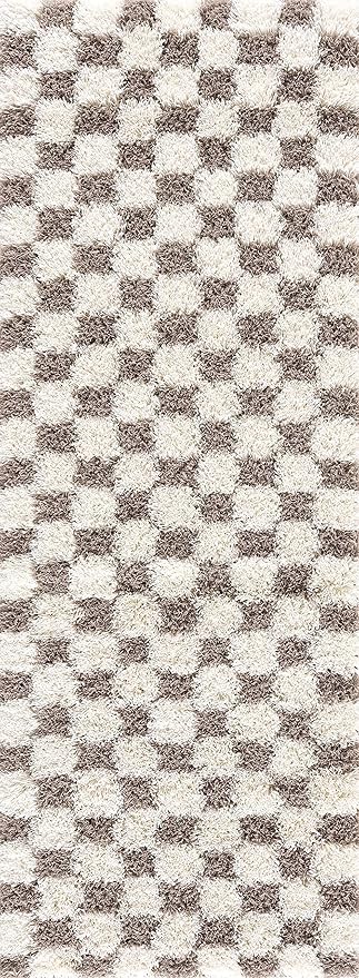 BoutiqueRugs Atira Modern Checkered Shag Area Rug - High Pile Fluffy Shaggy Carpet - for Entryway, Living Room, Nursery, Playroom, Girls Boys Room - Brown, Cream, White, Taupe - 4' x 6'