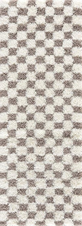 BoutiqueRugs Atira Modern Checkered Shag Runner Rug - High Pile Fluffy Shaggy Carpet - Kids Room, Hallway, Bedroom Shag - Brown, Cream, White, Taupe - 2'7" x 7'3" (2x8)
