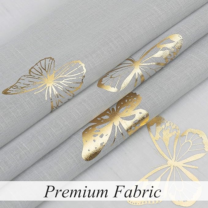Jubilantex Grey Sheer Curtain with Gold Butterfly Pattern for Kids Room, Linen Textured Rustic Metallic Print 63 Inch Rod Pocket Window Drapes for Girls Bedroom Living Room, 2 Panels