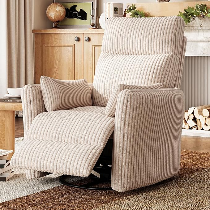 LINSY 360 Swivel Rocker Recliner - Corduroy Nursery Glider Rocking Chair with 2 Pillows, Comfy High Back Adult Recliner for Small Spaces, Nursery Bedroom Living Room Reclining Chairs (Beige)
