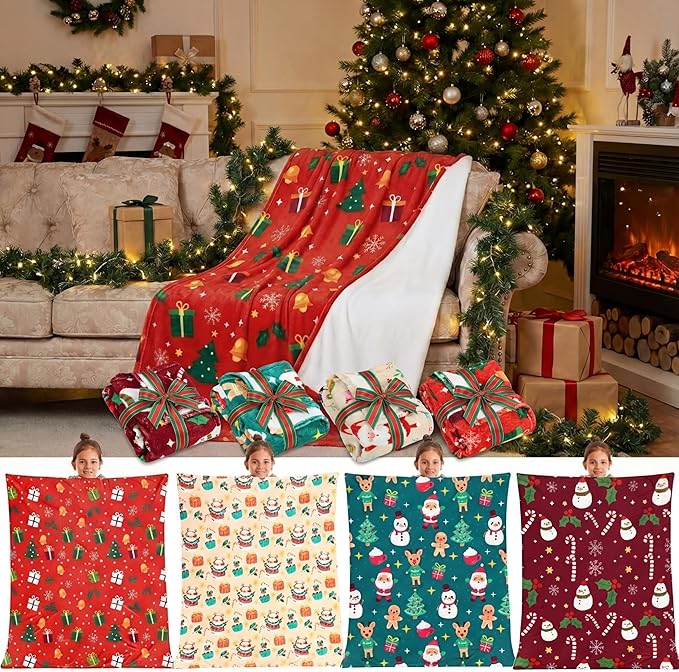 Buryeah 4 Pack Christmas Throw Blankets Bulk Snowman, Gifts, Santa, Gingerbread Man, Xmas Tree Soft Cozy Christmas Plush Flannel Blanket for Sofa, Bed, Couch, Home Decor Xmas Supplies, 50 x 60 Inches