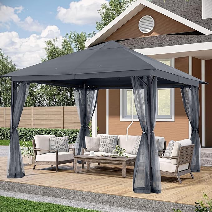 ABCCANOPY Outdoor Patio Gazebo 11x11 - Single Roof Canopy with Mosquito Netting for Backyard, Deck, Garden, Lawn, Dark Gray