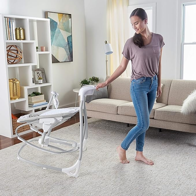 Ingenuity 2-in-1 SimpleComfort Lightweight Compact 6-Speed Multi-Direction Baby Swing & Rocker, Vibrations & Nature Sounds, 0-9 Months 6-20 lbs (Raylan)