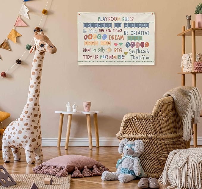 Playroom Kids Toddler Room Wall Decor, Play Room Rules Wall Decor for Kids Play Game Room Bedroom Nursery Home School Playroom Essentials,Canvas Rectangular Banner Poster 28.5x20 Inch