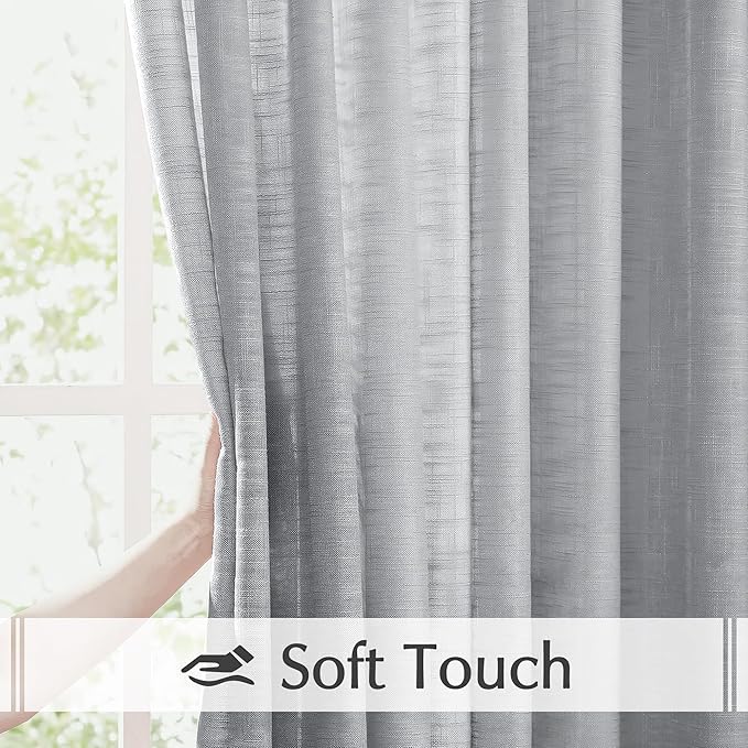 FMFUNCTEX Linen Semi Sheer Curtains for Living Room Soft Grey 108 Inches Extra Long Solid Linen Textured Sheer Drapes for Bedroom, Light Filtring Window Gray Drapes Farmhouse 2 Panels Rod Pocket