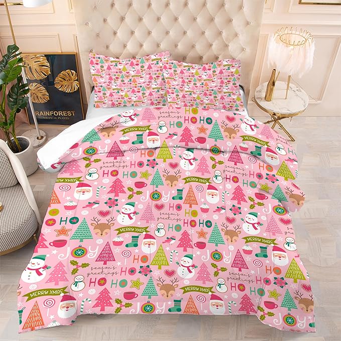 Pink Christmas Comforter Set: Full Size Cartoon Xmas Snowman Bedding Sets Cute Santa Claus Christmas Tree Elk 3 Piece Quilt Bed Set 1 Comforter & 2 Pillowcases