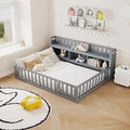 mikibama Full Size Floor Bed with Side Bookcase and Shelves, Montessori Floor Bed with Guardrails for Bedroom, Wood Full Floor Bed Frame with Storage for Girls, Boys, Grey