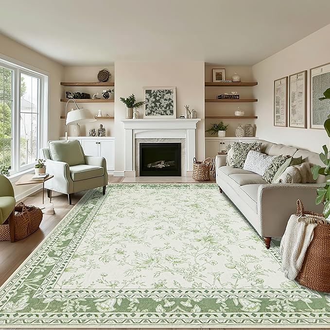 Sage Green Area Rugs 10x12 for Living Room Boho Washable Extra Large Floral Floor Covering, Cream Beige Green Rugs Bedroom Dining Room, Non Slip Farmhouse Floor Carpet for Kids Playroom Nursery