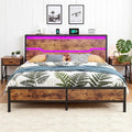 King Size Bed Frame with LED Lights & Charging Station, King Bed Frame and Headboard,13" Under Bed Storage, Noise-Free Heavy Duty Metal Support, Modern Brown
