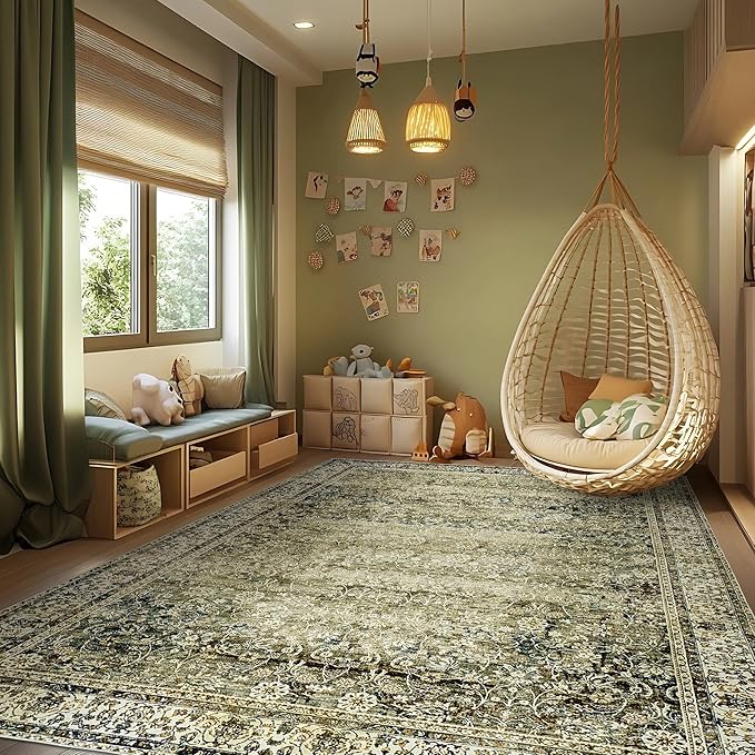 Olive Green Boho Area Rug 5 x7 for Living Room Washable Faux Wool Low Pile Stain Resistant Rubber Backed Cottagecore Neutral Bedroom Nursery Rugs 5x7