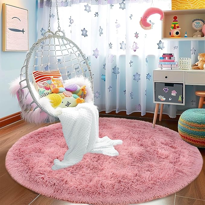 Fluffy Rug 5ft Round Blush Super Soft Area Rugs for Kids Room