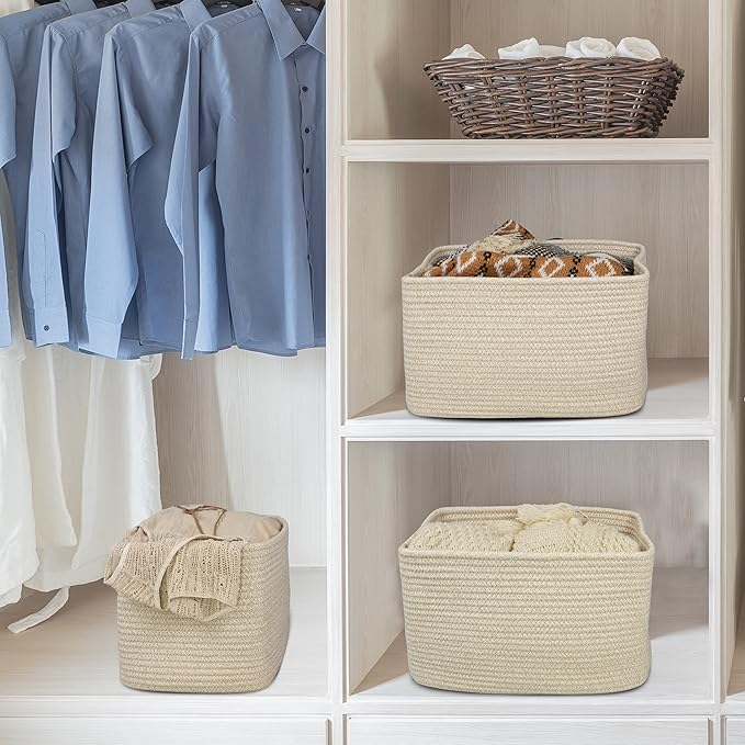 Rope storage Basket Bins Woven Basket for Organizing Shelves 14.5X9.5X9.3" Rectangle Decorative Baskets For storage Clothes Toys Books Towels Nursery basket organizer 3 pack Oatmeal