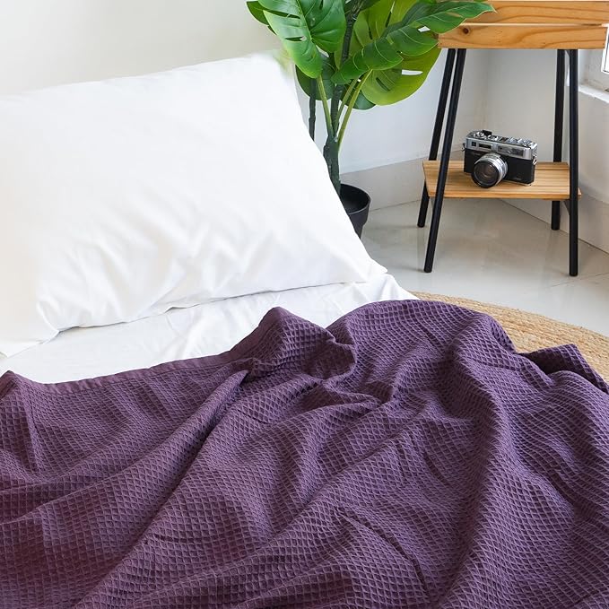 Salt Earth GOTS Certified 100% Organic Cotton Throw Blanket, 55" X 60" Blankets & Throws for Bed, Throw Blanket for Couch,Modern & Cozy Blanket, All Season Waffle Blanket, Soft Blanket (Plum Perfect)