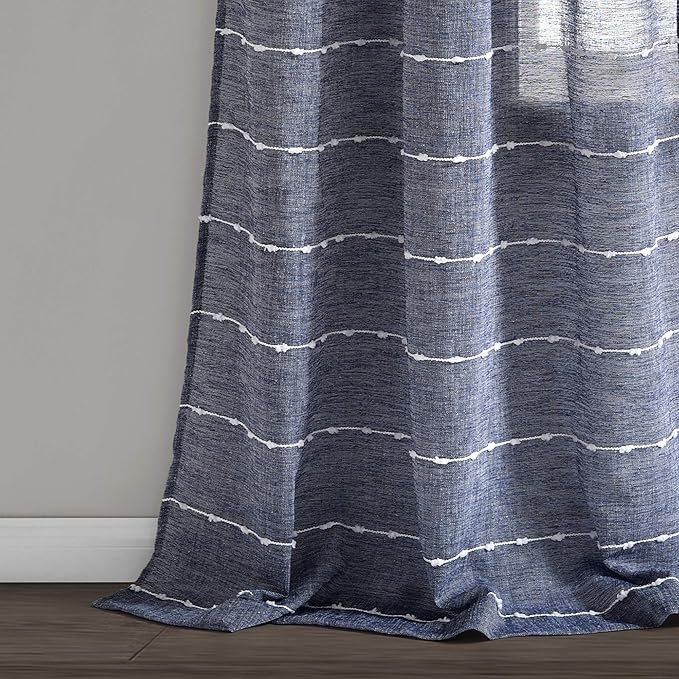 Lush Decor Farmhouse Textured Grommet Sheer Window Curtain Panel Pair, 38"W x 95"L, Navy