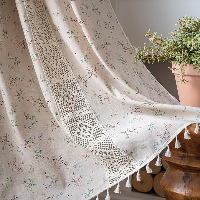 ENJOYBRIDAL Floral Curtains 63 Inch Length 2 Panels Crochet Lace Patchwork Drapes Semi-Sheer Boho Tassel Bedroom Living Room Farmhouse Short Beige Small Country Rustic Rod Pocket Window Curtain
