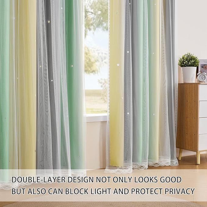 XiDi Grey Green Yellow Curtains for Girls Bedroom Decor Kids Blackout Curtains for Nursery Room Darkening Rainbow Princess Unicorn Wall Decals Little Girl 52x54 Inches Long 2 Panels Set