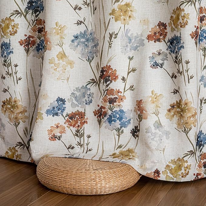 MYSKY HOME Floral Linen 100% Blackout Curtains 84 Inch Length 2 Panels for Living/Dining Room Bedroom Double Layer Thermal Insulated Farmhouse Flower Patterned Grommet Top Drapes, Yellow, 52" W Each