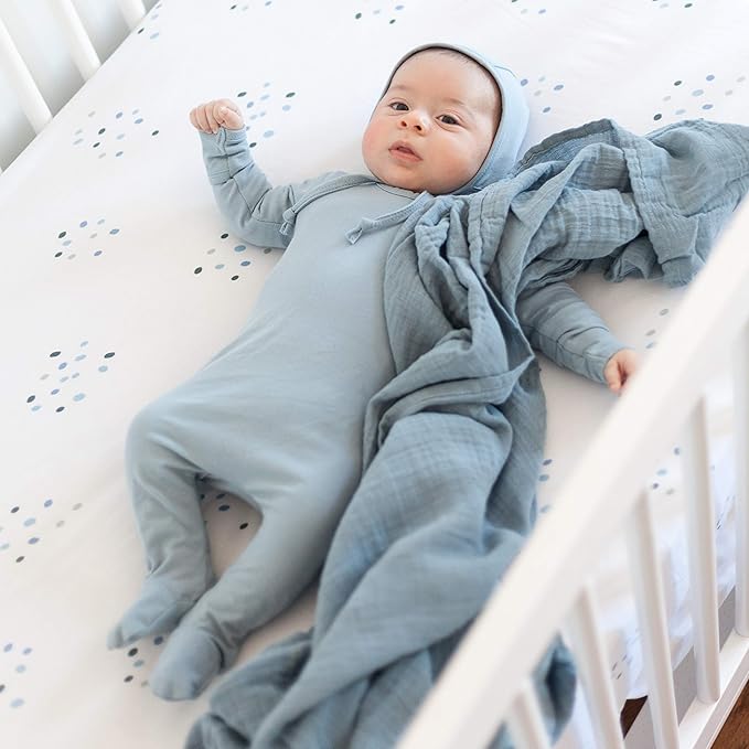 Ely's & Co. Cotton Muslin Swaddle Blanket 2-Pack for Baby Boy — 100% Cotton Muslin Extra-Large Swaddle Blankets (47” x 47”) Blue Raindrops | Solid Blue
