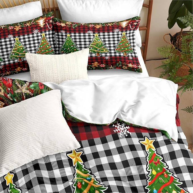 Christmas Duvet Cover Queen Size Black White Gingham Bedding Set 3 Pcs Kids Boys Girls Red Plaid Grid Christmas Tree Gingerbread Man Comforter Cover with Zipper Closure (No Comforter)