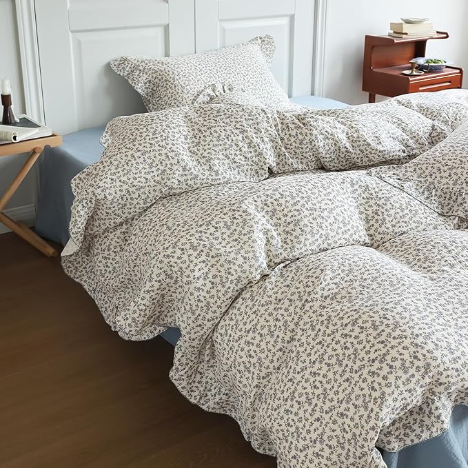 BuLuTu Blue Floral Print Duvet Cover Full Bed Comforter Cover 79"x90", Cotton Muslin Quilt Cover with Ruffles Chic Princess Bedding Duvet Cover with Zipper, No Pillow Cases/Filling