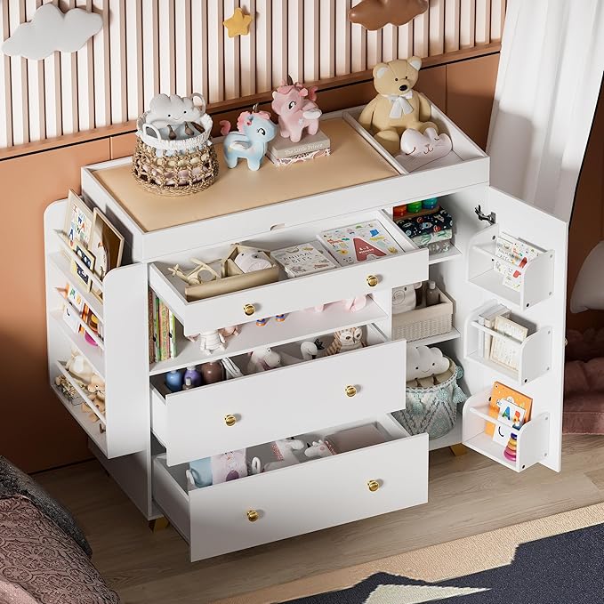 Nursery Dresser with Baby Changing Table, Modern Diaper Changing Station,Dresser for Nursery with 3 Drawers & Shelves, Storage Crib with Changing Table, White