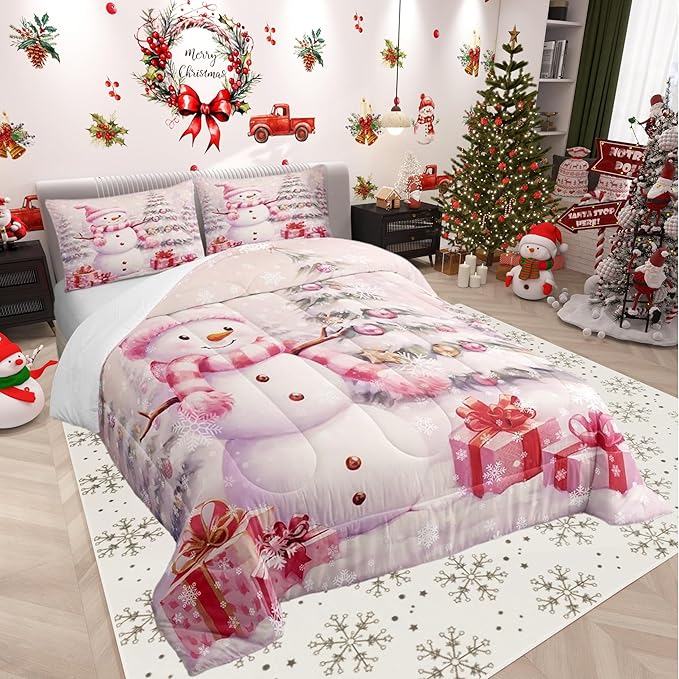 Castle Fairy Merry Christmas Bed Comforter Set Queen Size,Xmas Tree Gift Super Soft Microfiber Bedding Set for Adults Men,Pink Christmas Snowman Decorative Comforter Set,3 Pcs