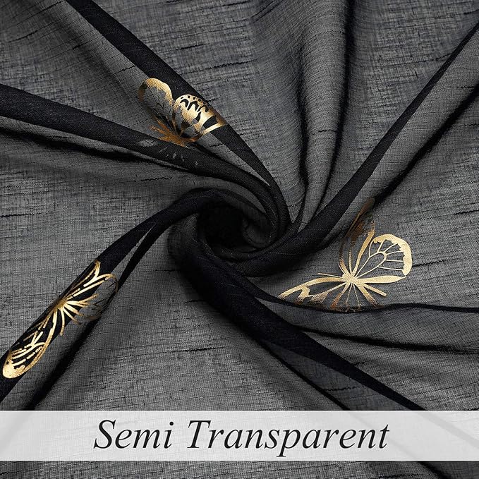 Jubilantex Black and Gold Butterfly Sheer Curtain Panels for Bedroom, Linen Textured Metallic Print Patterned Voile Rod Pocket Curtain Drapes 84 Inch Long for Bedroom, 2 Panels