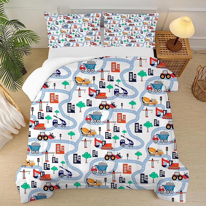 Cartoon Truck Comforter Set Twin: Construction Bedding Set for Boys Kids Children Bedroom Dorm White Cute Cars Quilt 1 Comforter + 1 Pillow Case