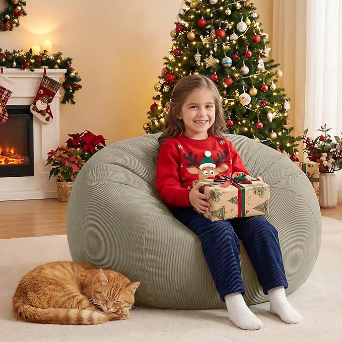 Nobildonna 3 ft Bean Bag Chair Cover (No Filler) 35"×43" Large Stuffed Animal Storage Bean Bag Washable Big Beanbag Chair Cover Premium Corduroy Bean Bag Cover for Adults,Kids,Khaki Gray 300L