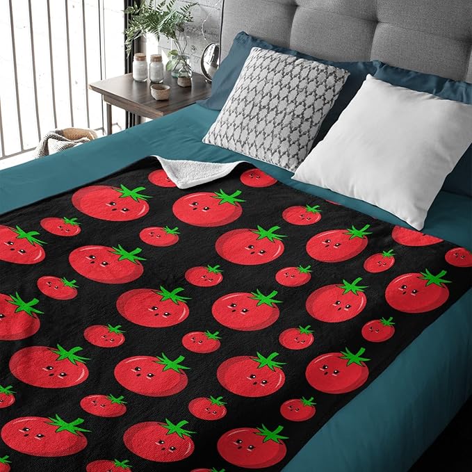 Thuswarm Cute Tomato Kawaii Black Flannel Throw Blanket Warm Cozy Soft Funny Print Blankets for Bed Couch Sofa Room Decoration Gifts 120”×90” Extra Large for Family