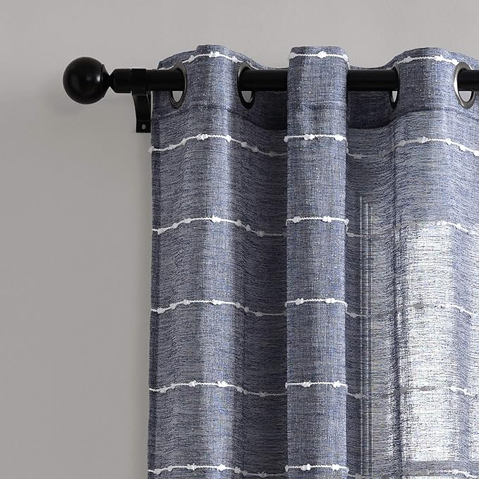Lush Decor Farmhouse Textured Grommet Sheer Window Curtain Panel Pair, 38"W x 108"L, Navy