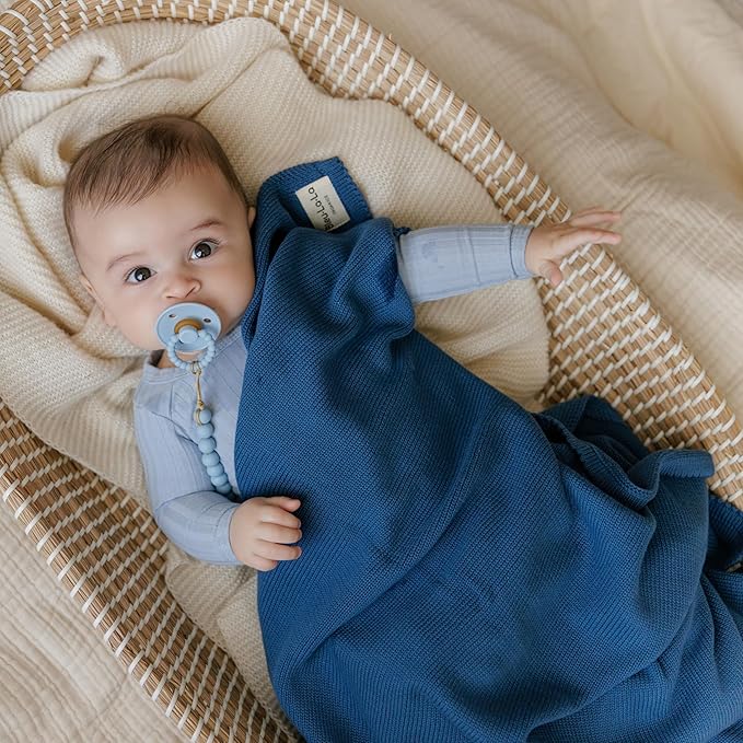 Luxe Collection 100% Organic Cotton Luxury Knit Baby Blanket + Hat Set (Denim Blue)