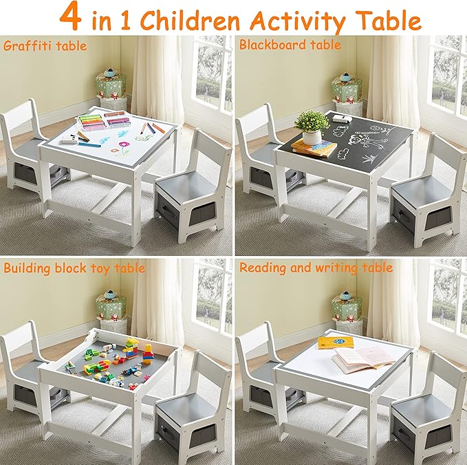 Kids Table and Chair Set, 3 in 1 Wooden Activity Table with Storage Drawer for Toddlers Drawing, Reading, Crafts, 2 in 1 Detachable Tabletop Table Set for Nursery, Playroom (Gray)