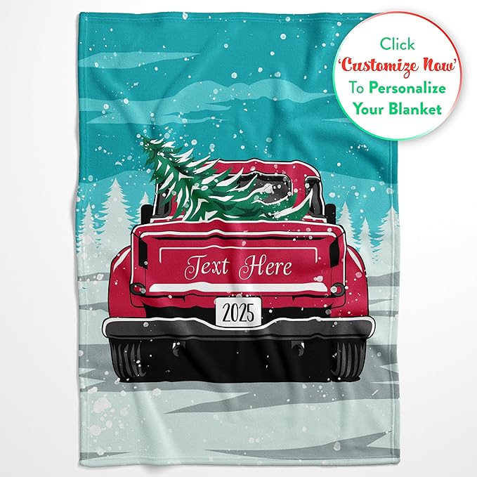 Personalized Christmas Blanket, Vintage Red Truck and Tree - Ships Next Day, Printed in USA - Warm Fleece or Sherpa Sofa Throw, Cute Holiday Décor - Customizable Family Throws (Fleece 60x80)