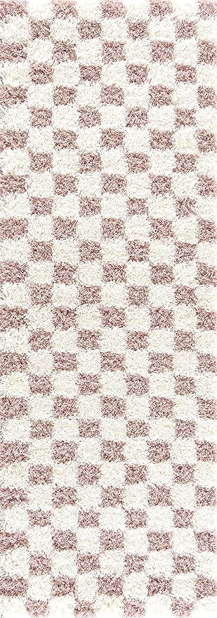 BoutiqueRugs Atira Modern Checkered Shag Area Rug - High Pile Fluffy Shaggy Carpet - Kids Room, Nursery, Living Room Shaggy Carpet - Pink, Cream, White, Blush, Rose - 6'7" X 9'6"