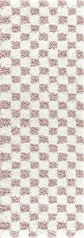 BoutiqueRugs Atira Modern Checkered Shag Runner Rug - High Pile Fluffy Shaggy Carpet for Hallway, Kitchen, Nursery, Playroom - Pink, Cream, White, Blush, Rose - 2'7" x 10' (2x10)