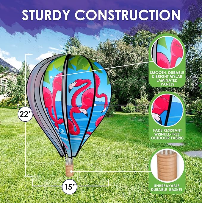 Hot Air Balloon Hanging Garden Spinner 22" - Vibrant Flamingo Design, Weather-Resistant Outdoor Decor, Durable & Lightweight for Patios, Yards, and Gardens - Eye-Catching Wind Spinner