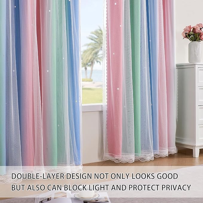 XiDi Pink Green Blue 90 Inches Curtains for Girls Bedroom 2 Panels Set, Blackout Rainbow Curtains for Kids Room Decor, Unicorn Wall Decals Drapes for Little Girl Nursery Room 34 Inches Wide