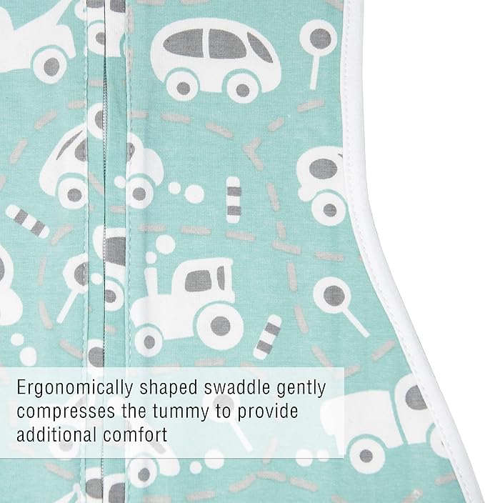 Woombie Original Baby Swaddling Blanket - Soothing, Cotton Baby Swaddle with Zipper - Wearable Newborn Blanket, Buzzy Cars, 14-19 lbs
