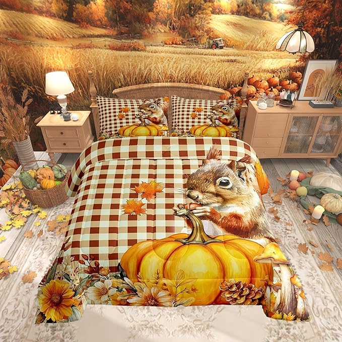 Castle Fairy Squirrel Pumpkin Flower Twin Size Comforter Set,Autumn Harvest Thanksgiving Quilt Set Soft Bed Collection,Vintage Yellow Geometric Grid Bedding Comforter for Boys Girls Room Decor,2 Pcs